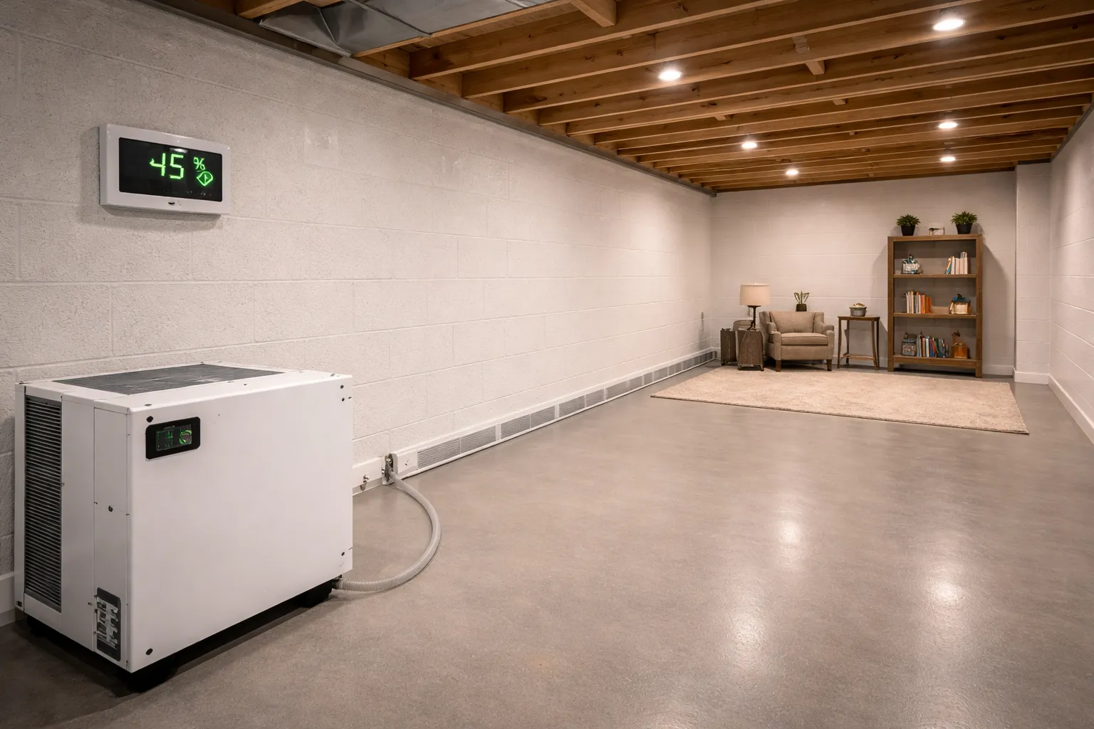 Basement dehumidifier controlling moisture