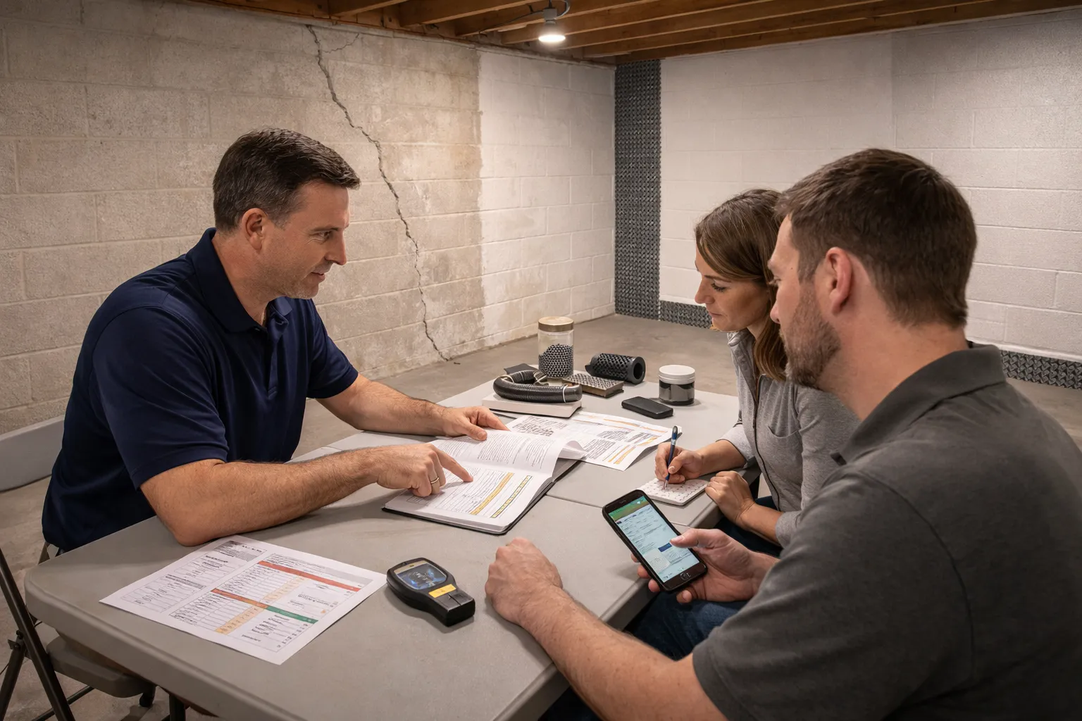 Basement waterproofing professional working