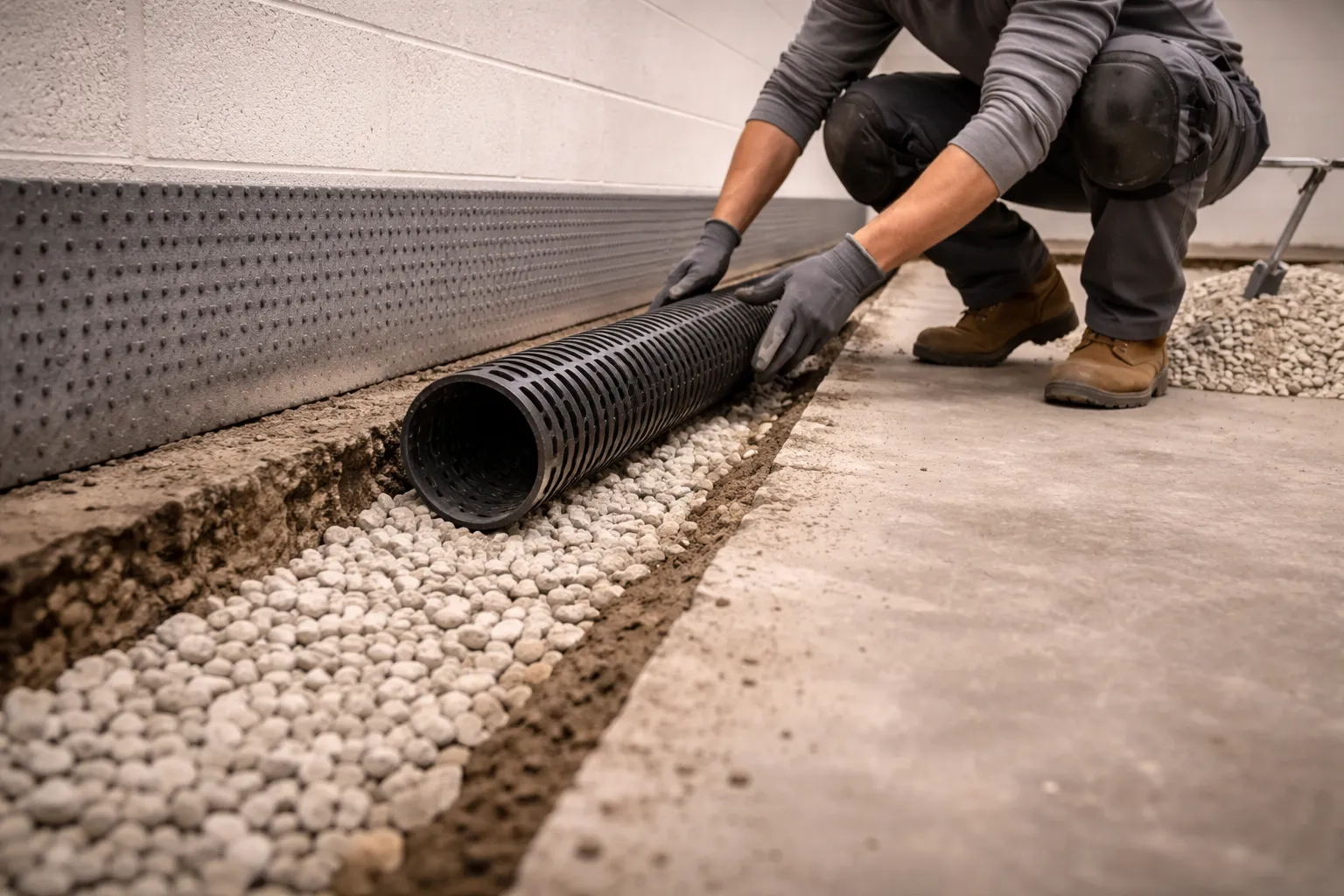 French drain installation in progress