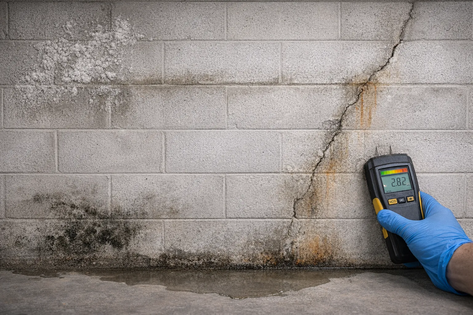 Water damage stains on basement wall
